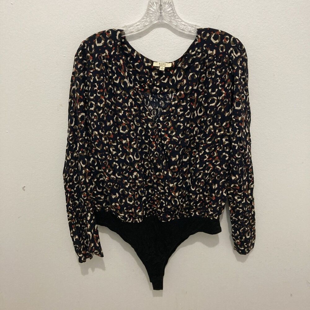 KORI black multicolor animal print long sleeve snap crotch thong bodysuit L